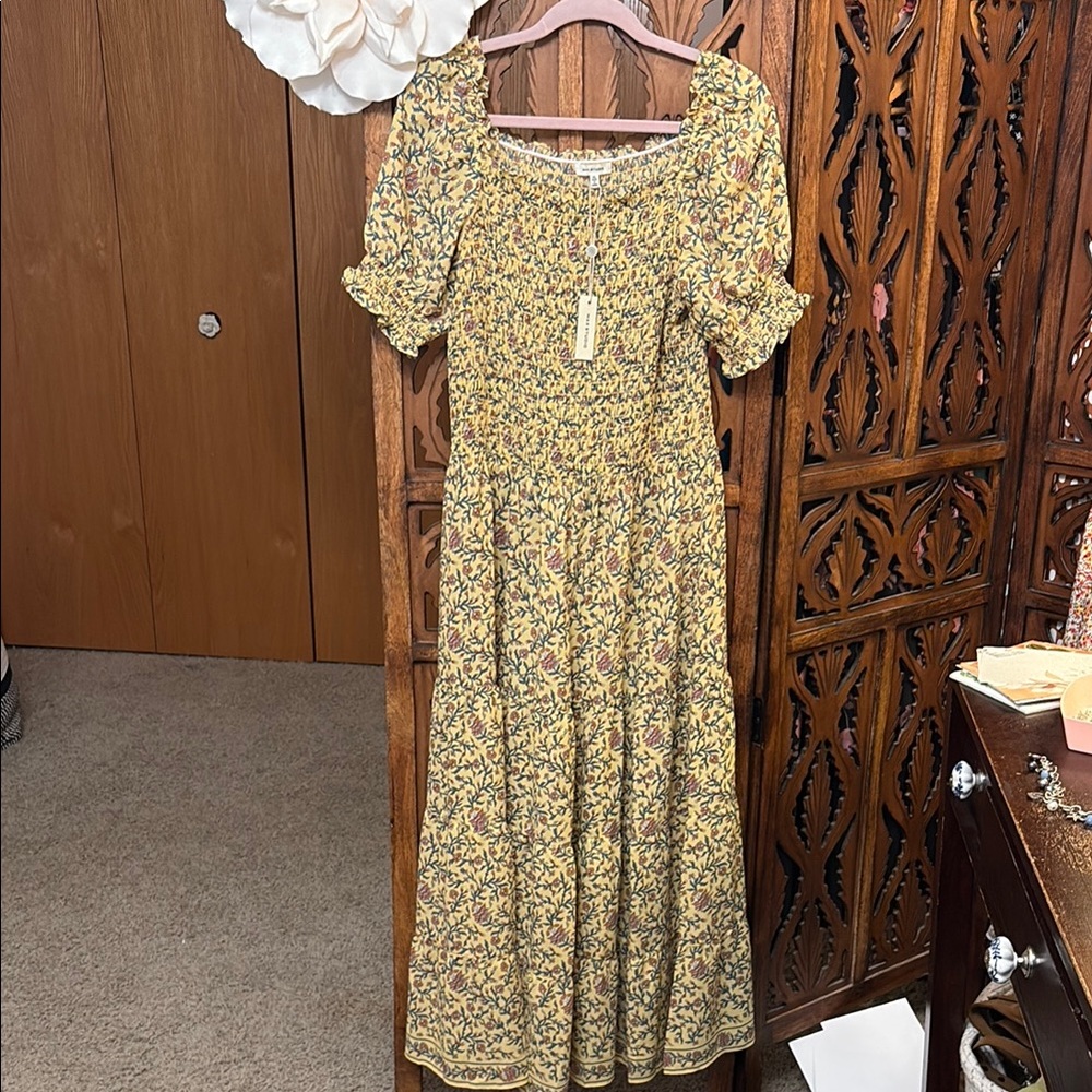 Max Studio Yellow Floral Smocked Maxi Dress with Puff Sleeves